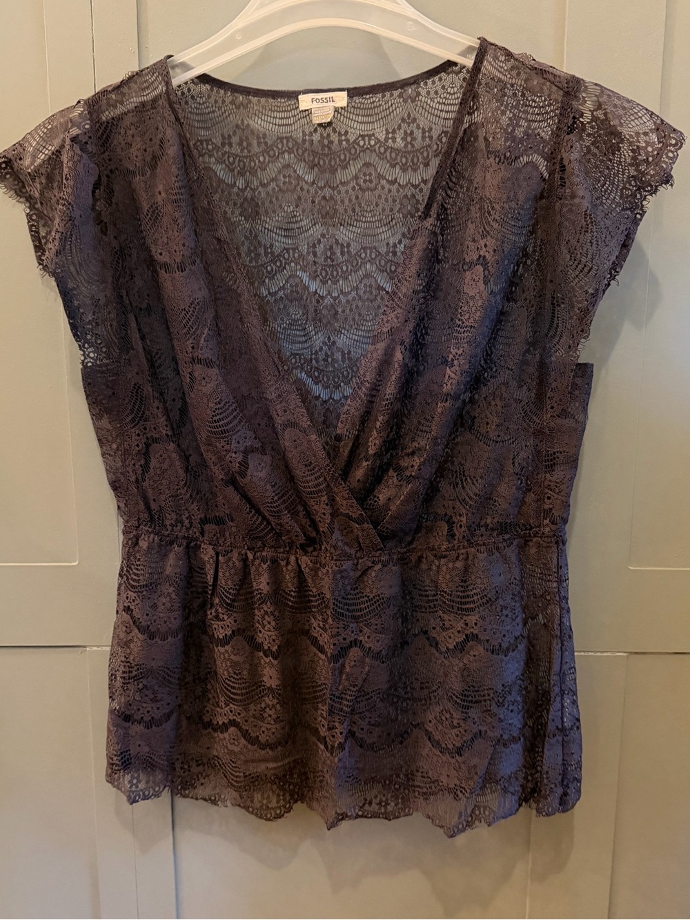 Fossil Purple Lace Surplice Peplum Blouse